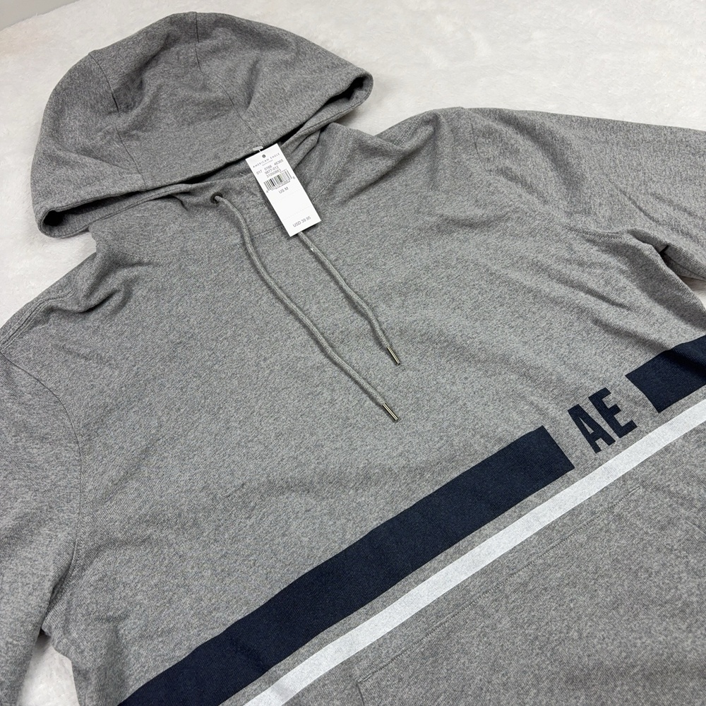 American Eagle Hoodie Pullover Men M Gray Striped Cotton Hooded Pockets NWT $40